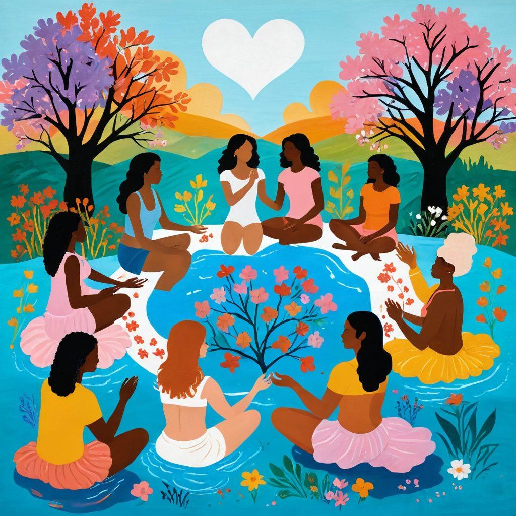 A visually striking composition illustrating a diverse group of individuals engaging in open conversations about consent, empowerment, and intimacy. Include symbols representing various aspects of sexual wellness like heart symbols, safe sex items, and open hands. The background should be warm and inviting, with soft pastel colors to promote a sense of comfort and safety. Infuse elements of nature to signify growth and understanding, such as blossoming flowers and gentle, flowing water. painting. vibrant colors.