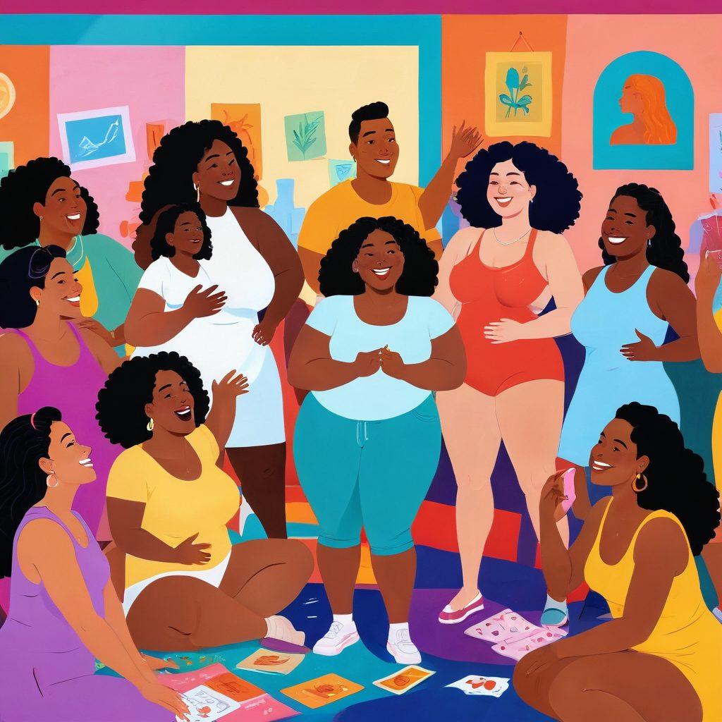 A colorful and inviting scene depicting diverse individuals engaging in open conversation about body positivity and safe sex practices. Include artistic representations of various body types, symbols of safety such as condoms and dental dams, and elements of joy like laughter and camaraderie. The setting should be warm and inclusive, with vibrant colors that evoke a sense of comfort and acceptance. Include abstract art elements in the background to symbolize creativity and freedom. vibrant colors. super-realistic.